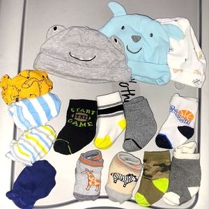 Bundle baby boy socks, hats, mittens